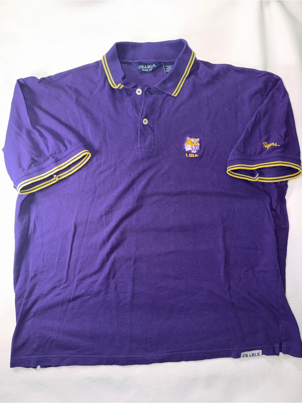Vintage 90s Crable Sportswear LSU Tigers Polo
Shirt Mens XL Purple Gold Striped